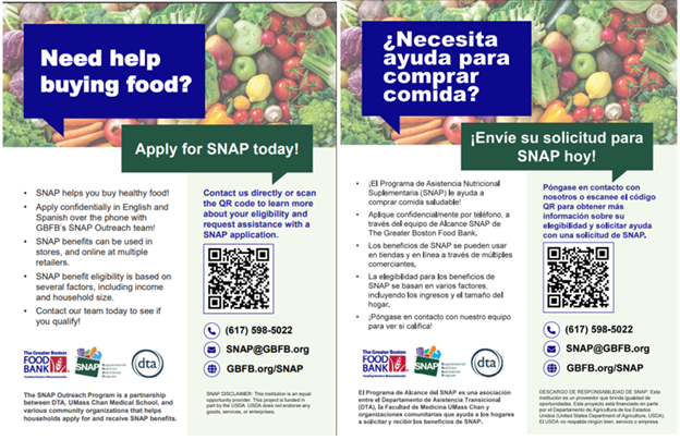 SNAP flyer in English and Spanish